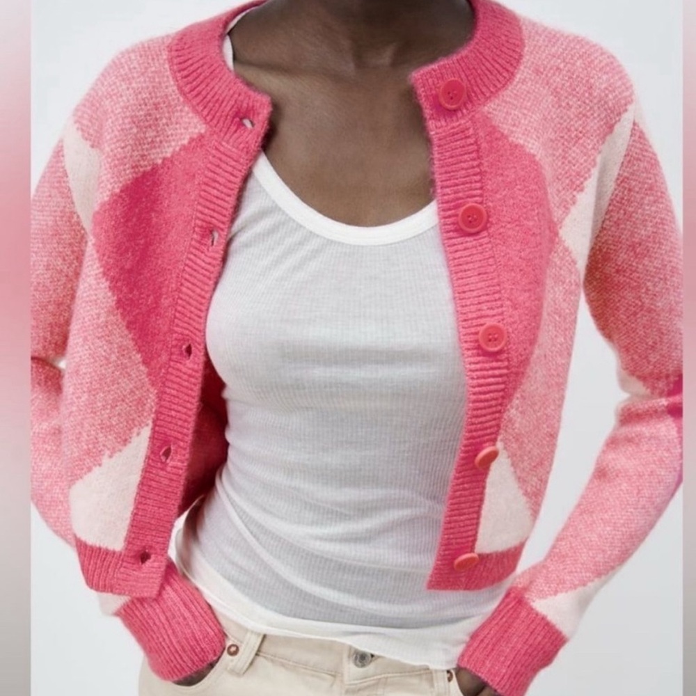 NWT Zara Argyle Crop Cardigan, Pink Jacquard Knit | Sz M